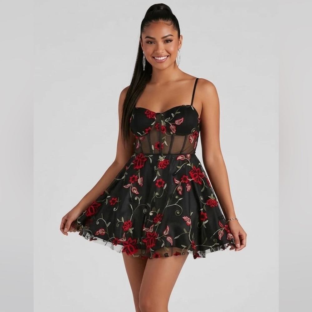 Windsor Black Mini Dress with Red Floral Design